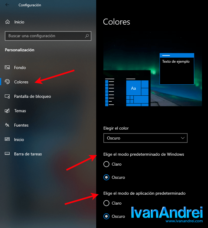 Windows 10 - Modo nocturno activado