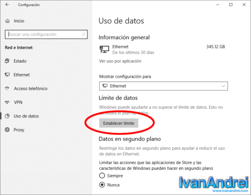Windows 10 - Establecer límite de datos