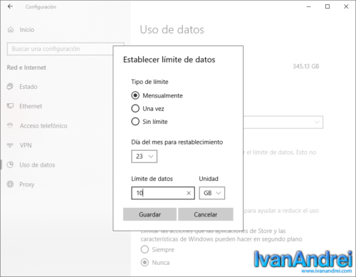 Windows 10 - Establecer límite de datos mensual, una vez o sin límite