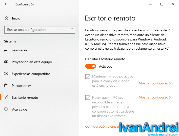 Activar escritorio remoto de Windows 10