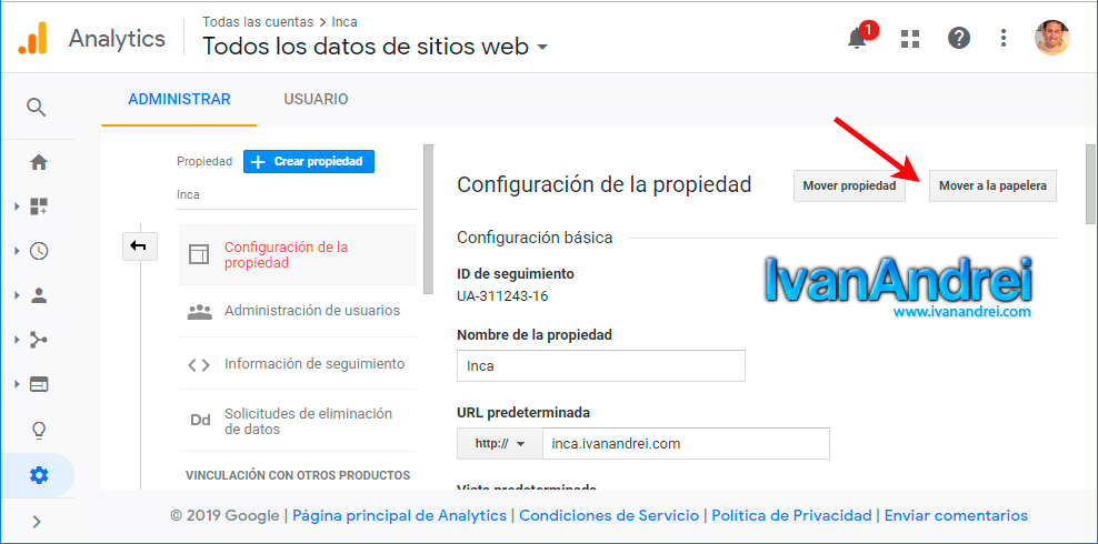 Eliminar sitio web de Google Analytics