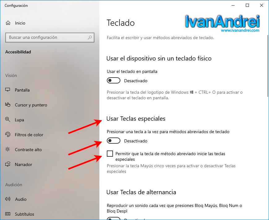 Desactivar teclas especiales o sticky keys en windows 10