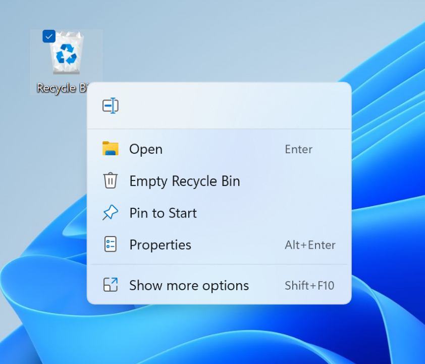 Nuevo diseño menú contextual de la papelera de reciclaje de Windows 11