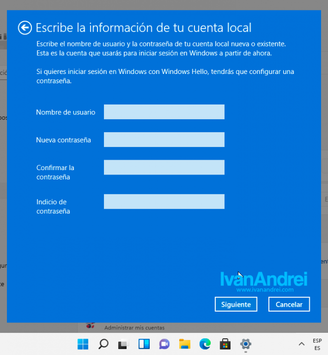 Windows 11 - Cuenta Local - Nuevo usuario