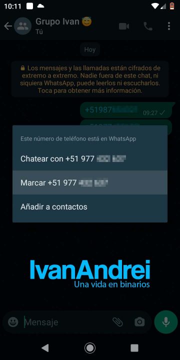 Número telefónico en una conversación de WhatsApp para enviar mensaje a WhatsApp o llamar
