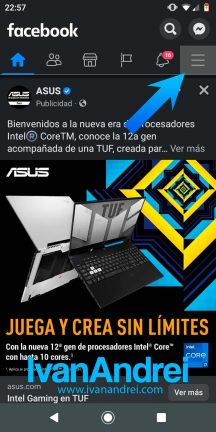 Opciones de Facebook desde teléfono Android