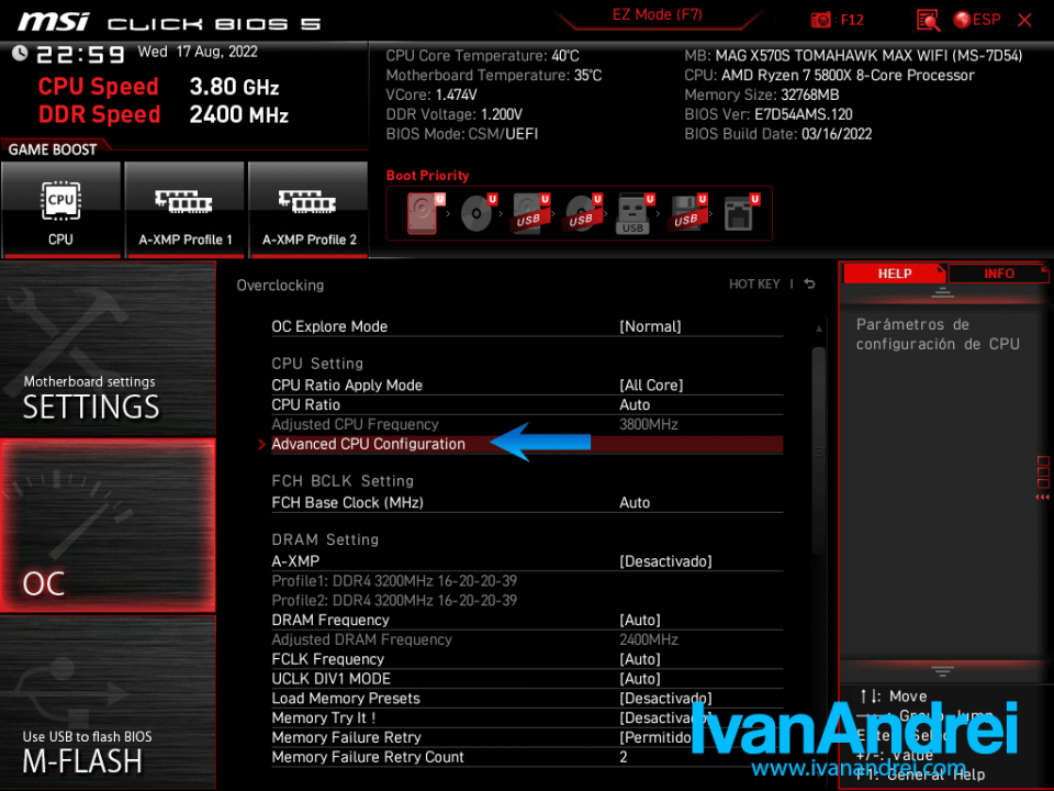 Configuración avanzada de cpu en BIOS UEFI de MSI